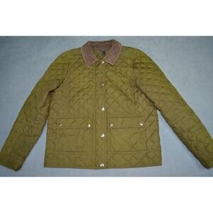 J Crew Corduroy Collar Tack Quilted Barn Down Jacket Women Small Green 02722
